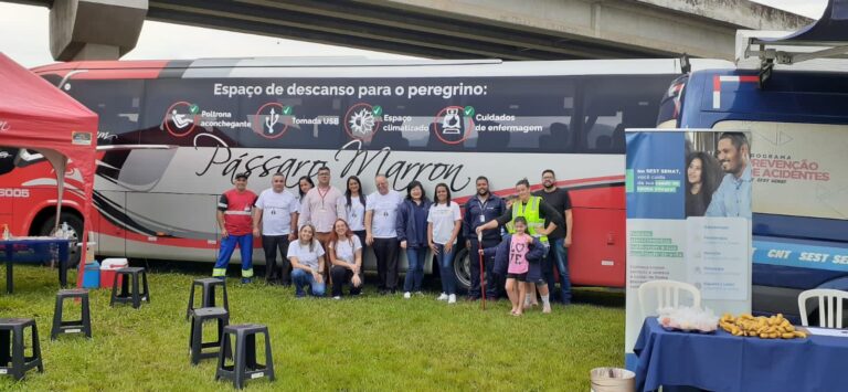 NTC&Logística, SEST SENAT e Viação Pássaro Marron fazem ação para romeiros na Rodovia Dutra em São Paulo