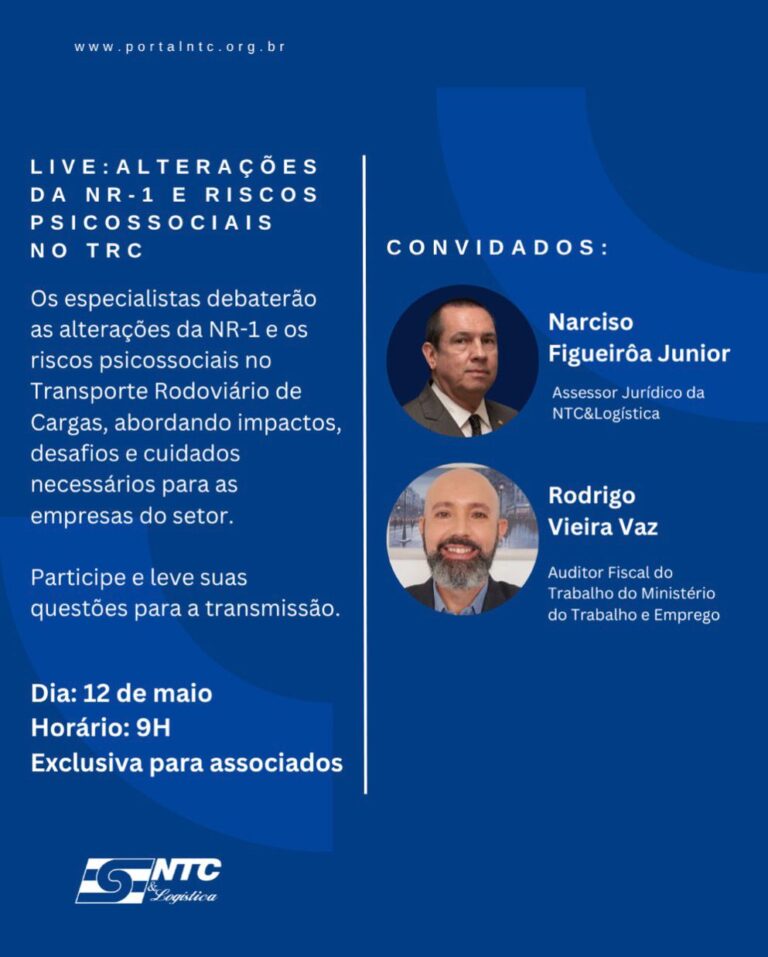 NTC&Logística promoverá live exclusiva sobre alterações da NR-1 e riscos psicossociais no Transporte Rodoviário de Cargas